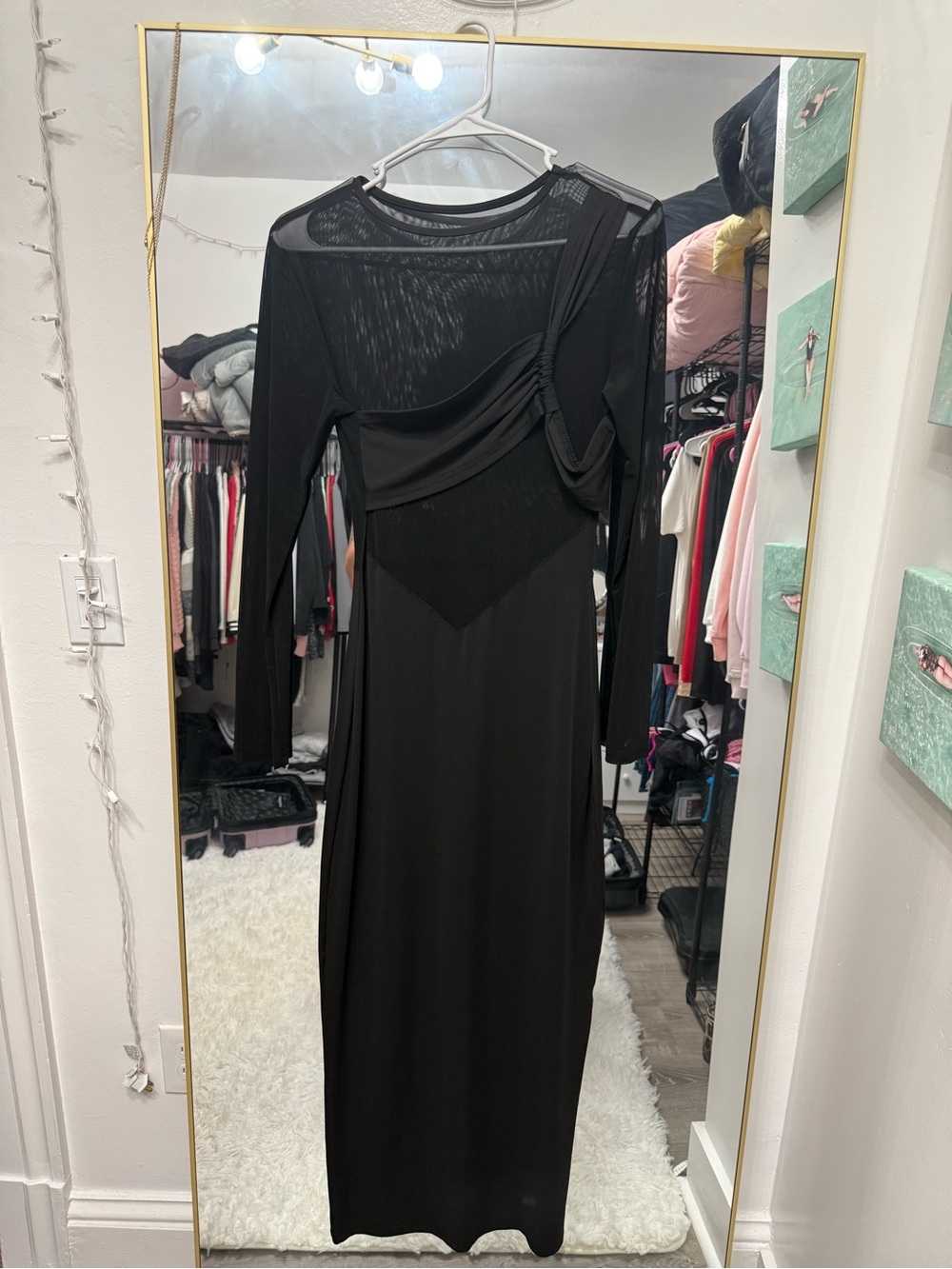 SHEIN Black Sheer-Panel Long Sleeve Maxi Dress